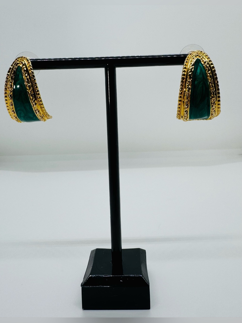 Vintage 1980s Green Enamel & Gold J-Hoop Earrings – Made in USA